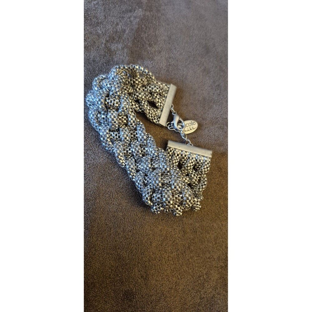 Nicole Miller Silvertone Braided Mesh Statement Bracelet Silver Tone 1 Inch EUC